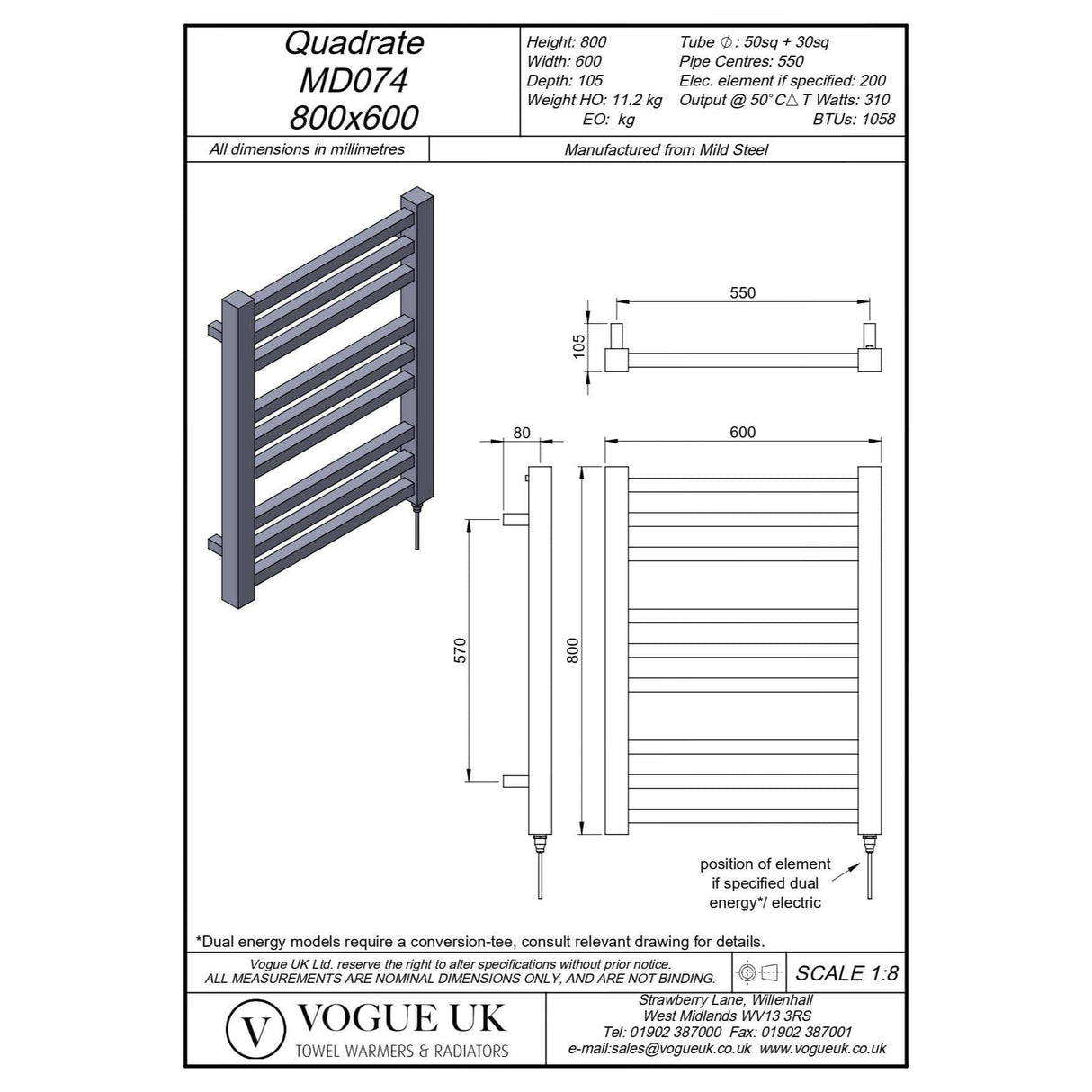Vogue Designer Towel Radiator 800 x 600 / Central Heating Vogue Quadrate Straight Designer Towel Radiator in Chrome