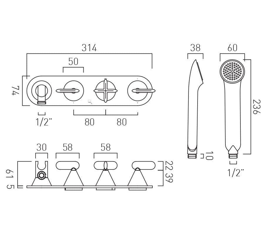 VADO Concealed Shower Valve Vado Tablet Arrondi 3 Outlet, 3 Handle Concealed Thermostatic Bath Shower Valve with Integrated Handset in Chrome