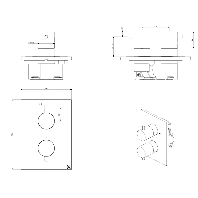 Crosswater Concealed Shower Valve Crosswater MPRO Crossbox 2 Outlet Multi-Flow Trimset