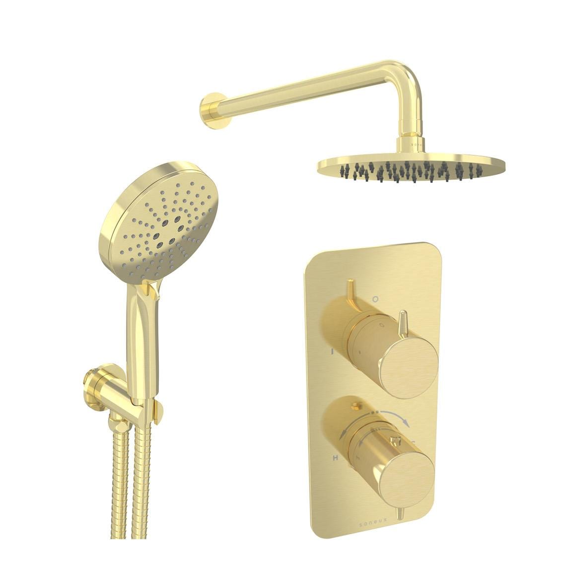 Saneux Shower Set Brushed Brass Saneux Eden 2 Outlet, 2 Handle Concealed Shower Valve Kit with 3 Function Handset and 200mm Shower Head