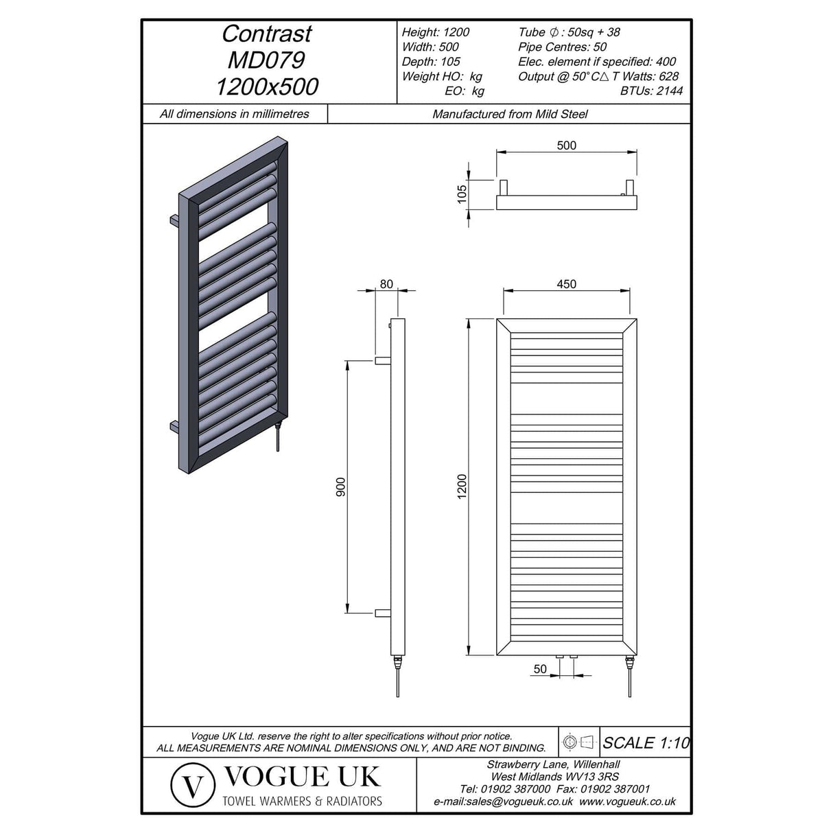 Vogue Designer Towel Radiators 1200 x 500 / Electric Only Vogue Contrast Designer Towel Radiator in Matt Black