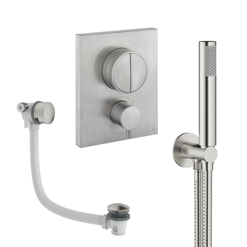 UK Bathroom Store Concealed Shower Set Brushed Nickel Crosswater Crossbox Push Shower Set 3 - 2 Outlet with Pencil Handset and Overflow Bath Filler Waste