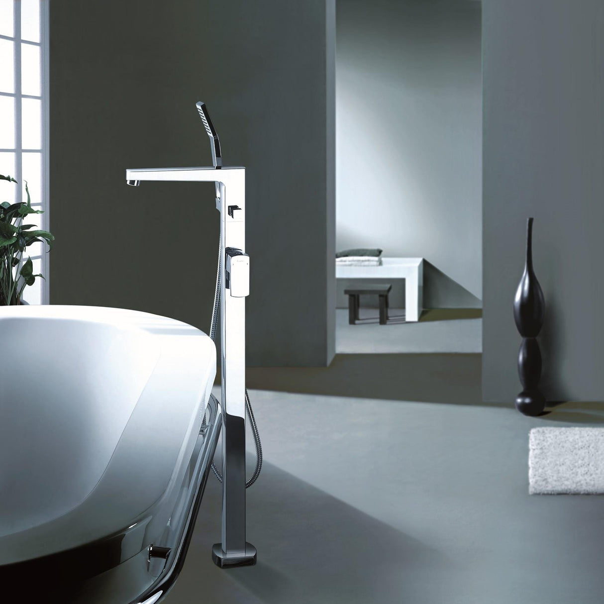 Flova Freestanding Bath Filler Flova Dekka Floor Standing Bath and Shower Mixer with Shower Set in Diamond Chrome