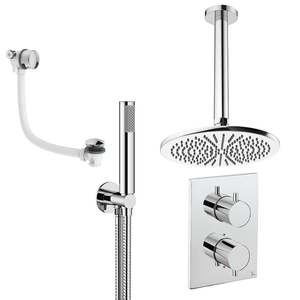 UK Bathroom Store Concealed Shower Set Chrome / Ceiling Arm / 300mm Crosswater Crossbox Shower Set 9 - 3 Outlet with Fixed Overhead Shower,Pencil Handset and Overflow Bath Filler Waste