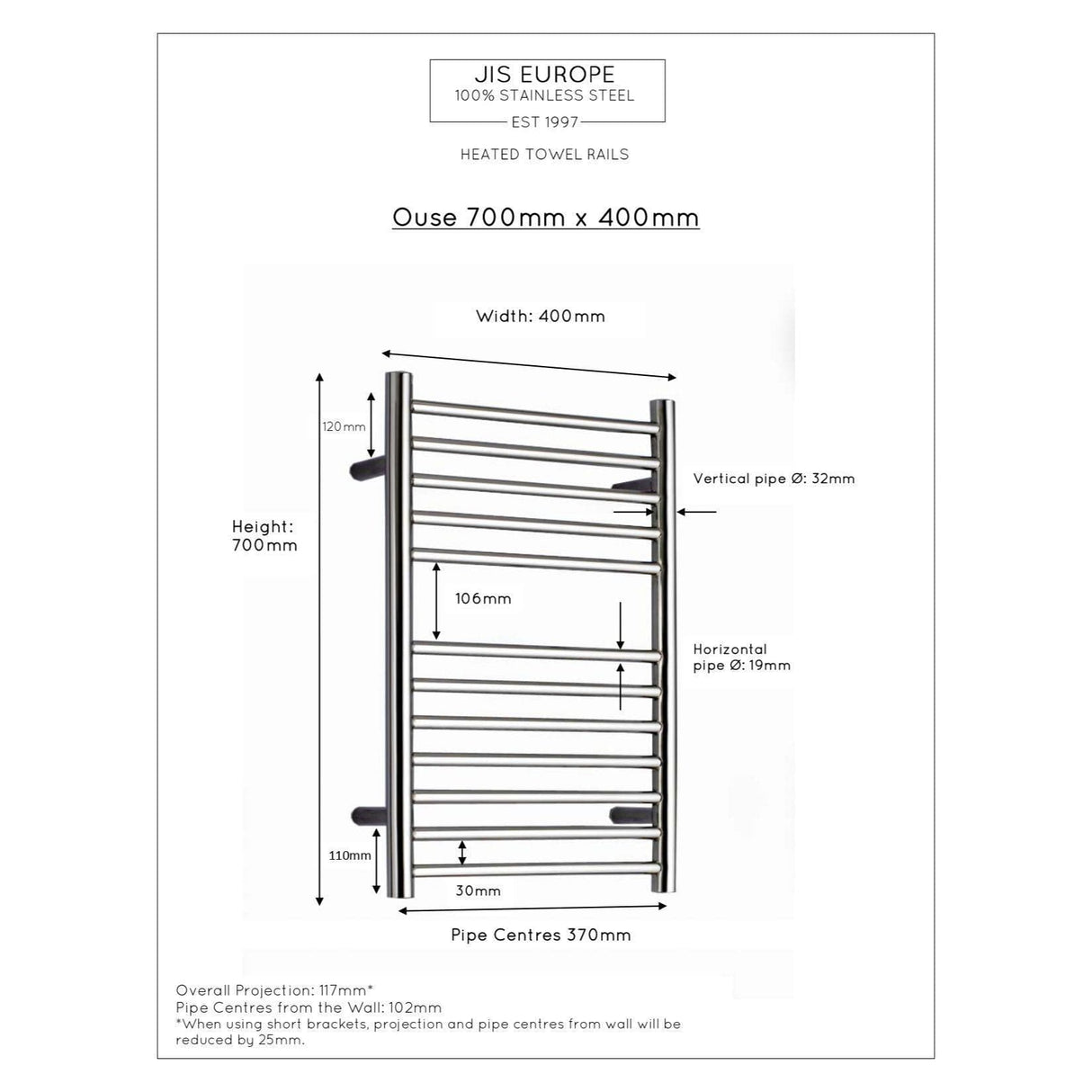 JIS Ladder Rail JIS Sussex Ouse Vertical Stainless Steel Heated Towel Rail