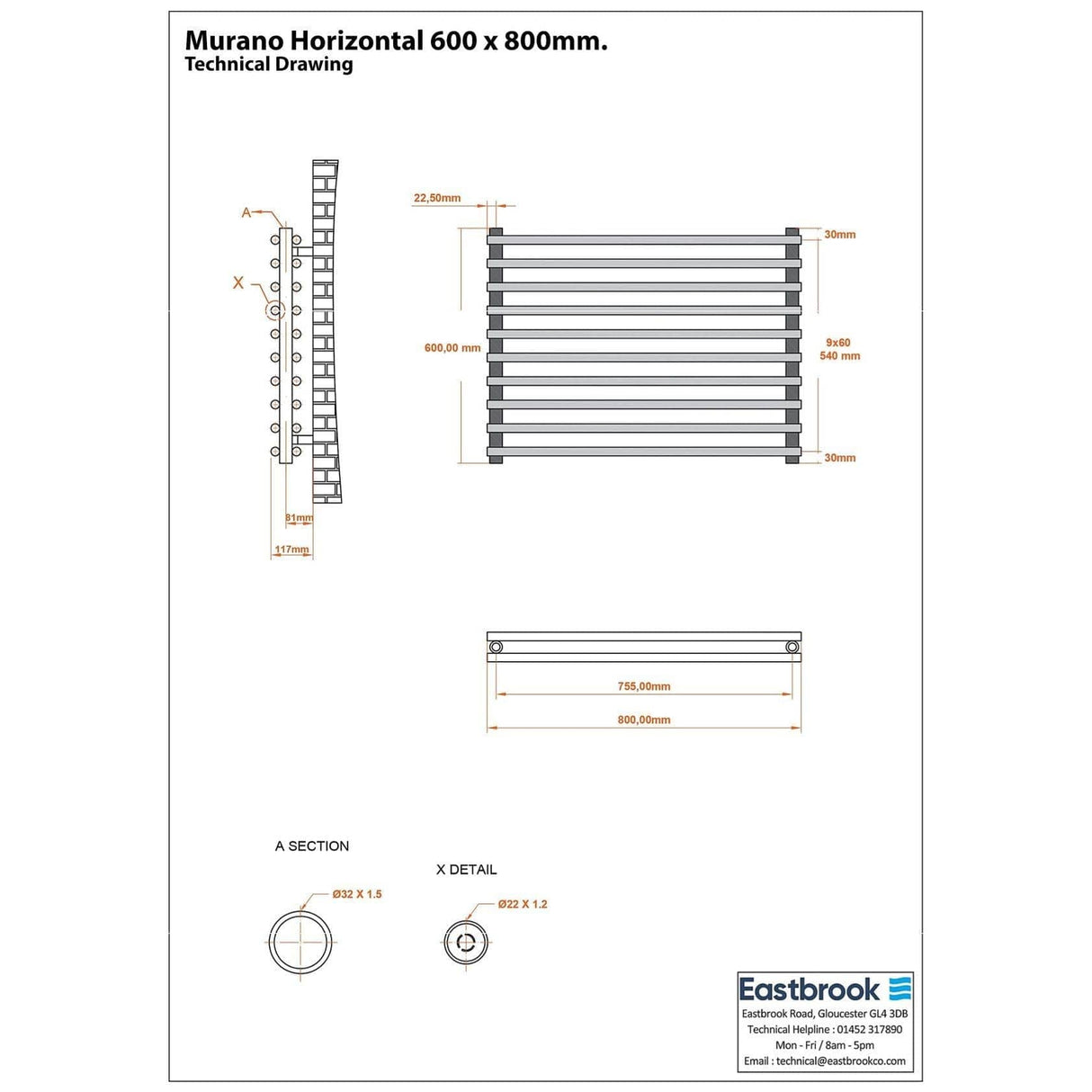 Eastbrook Designer Towel Radiator Eastbrook Murano Horizontal Designer Radiator in Matt Black