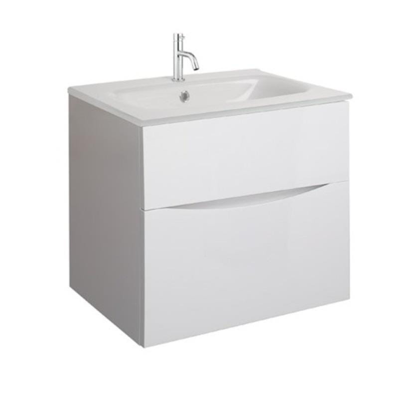 Crosswater Wall Mounted Vanity Unit Crosswater Glide II 2 Drawer 600mm Vanity Unit in White Gloss with 1 Tap Hole Ceramic Basin