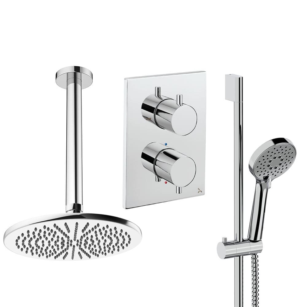 UK Bathroom Store Concealed Shower Set Chrome / Ceiling Arm / 300mm Crosswater Crossbox Shower Set 4 - 2 Outlet with Riser Rail Kit and Fixed Overhead Showerhead
