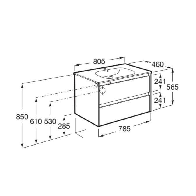 Roca Wall Mounted Vanity Unit Roca Tenet 800mm Wall Mounted Two Drawer Vanity Unit with Basin