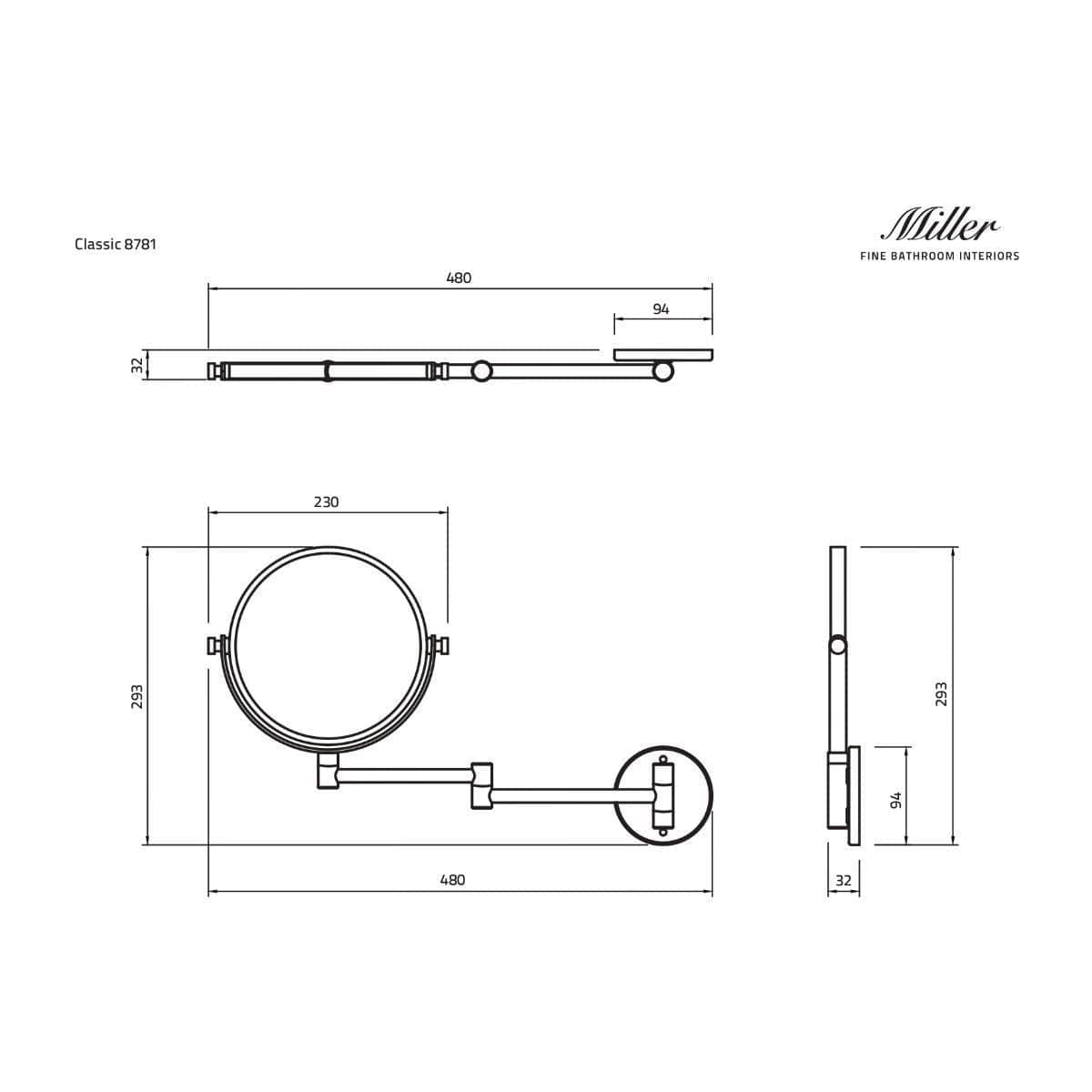 Miller Cosmetic and Shaving Mirror Miller Signature Wall Mounted Round Extendable Magnifying Mirror