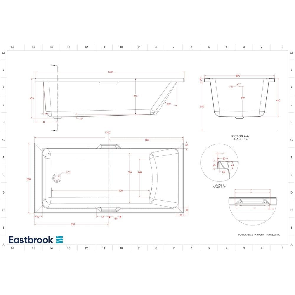 Eastbrook Single Ended Bath 1700 x 800mm / 5mm Eastbrook Portland Single Ended Bath with Twin Grips