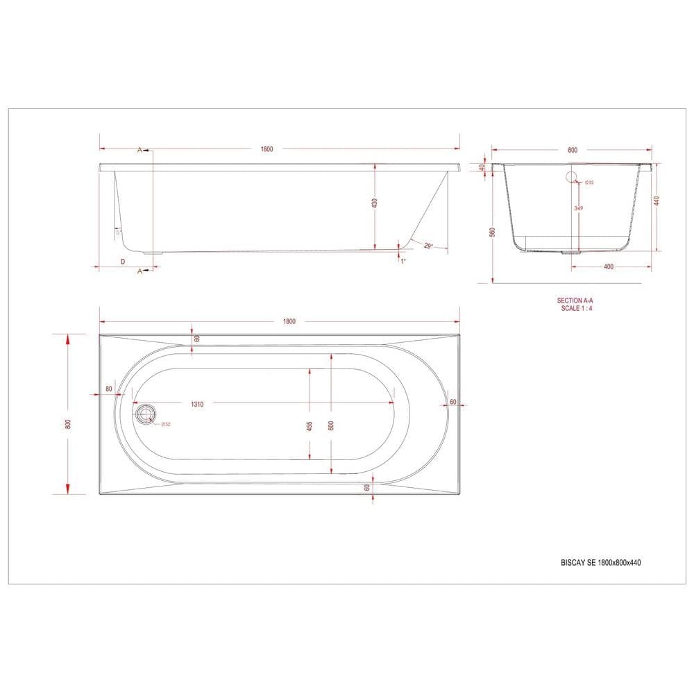 Eastbrook Single Ended Bath 1800 x 800 / Reinforced Eastbrook Biscay Single Ended Straight Edge Bath