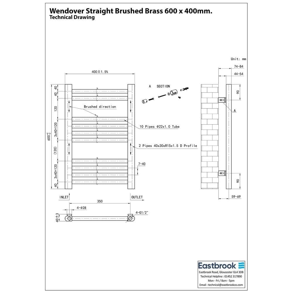 Eastbrook Ladder Rail Eastbrook Wendover Straight Heated Towel Rail in Brushed Brass