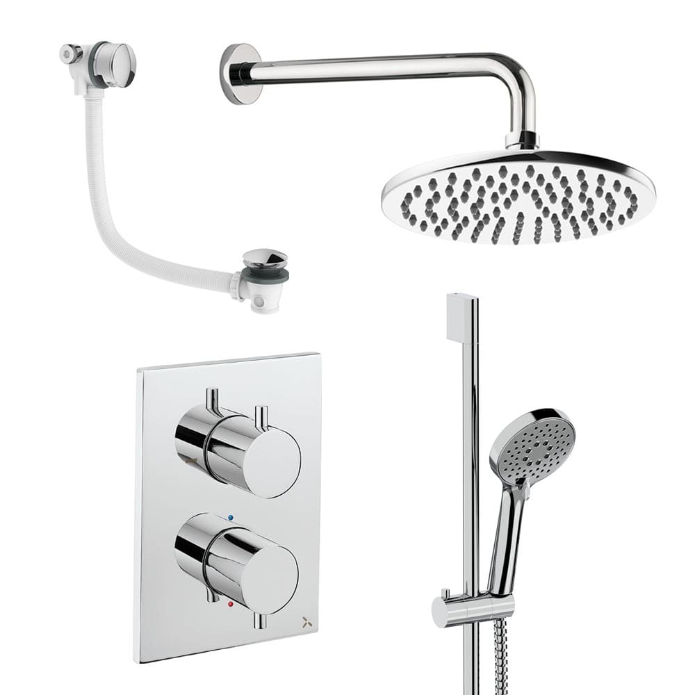 UK Bathroom Store Concealed Shower Set Chrome / Wall Arm / 200mm Crosswater Crossbox Shower Set 10 - 3 Outlet with Fixed Overhead Shower, Slide Rail Kit and Overflow Bath Filler Waste
