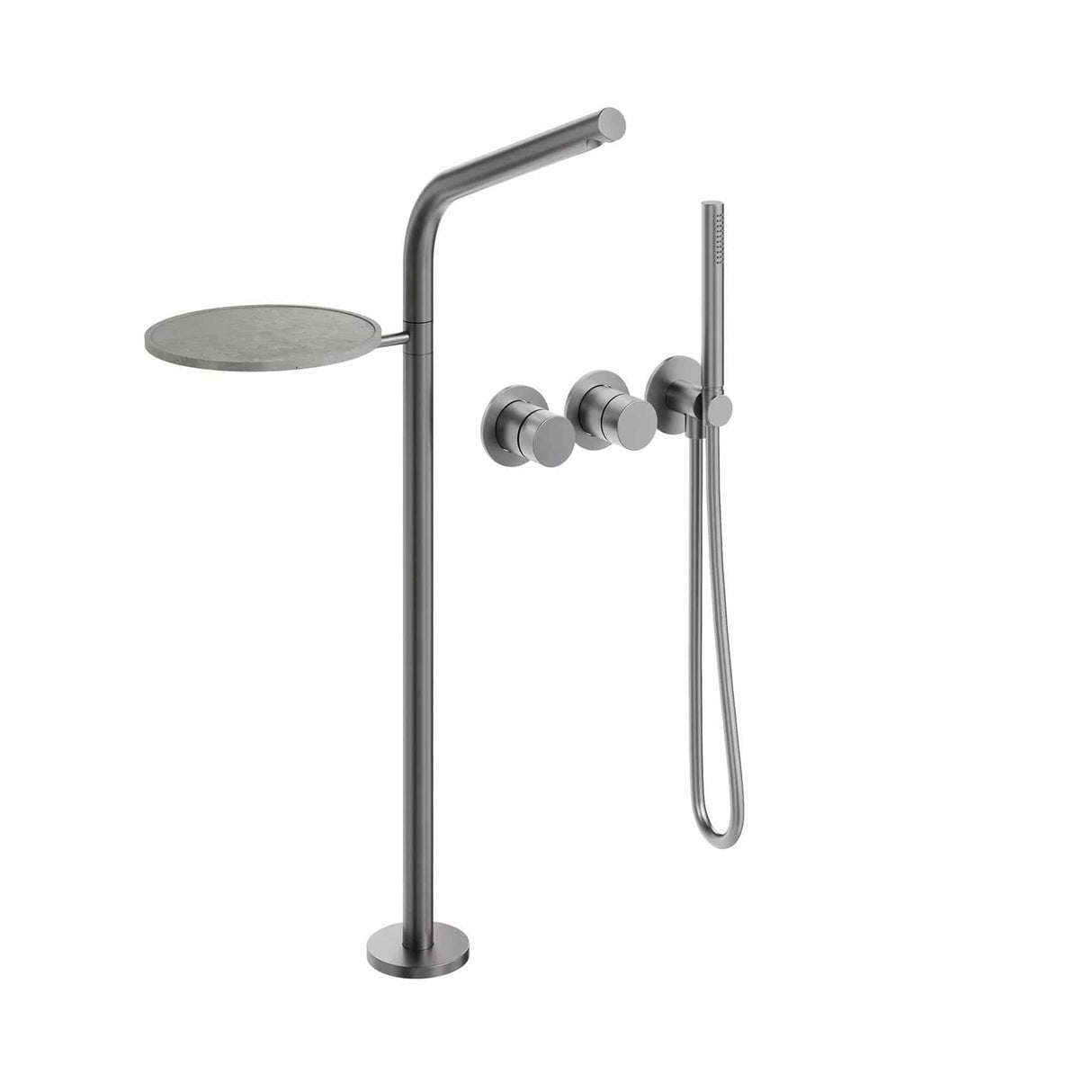 Clearwater Freestanding Bath Filler Clearwater Ixora Floor Standing Bath Shower Mixer with Wall Mounted Controls and Shelf in 316 Stainless Steel