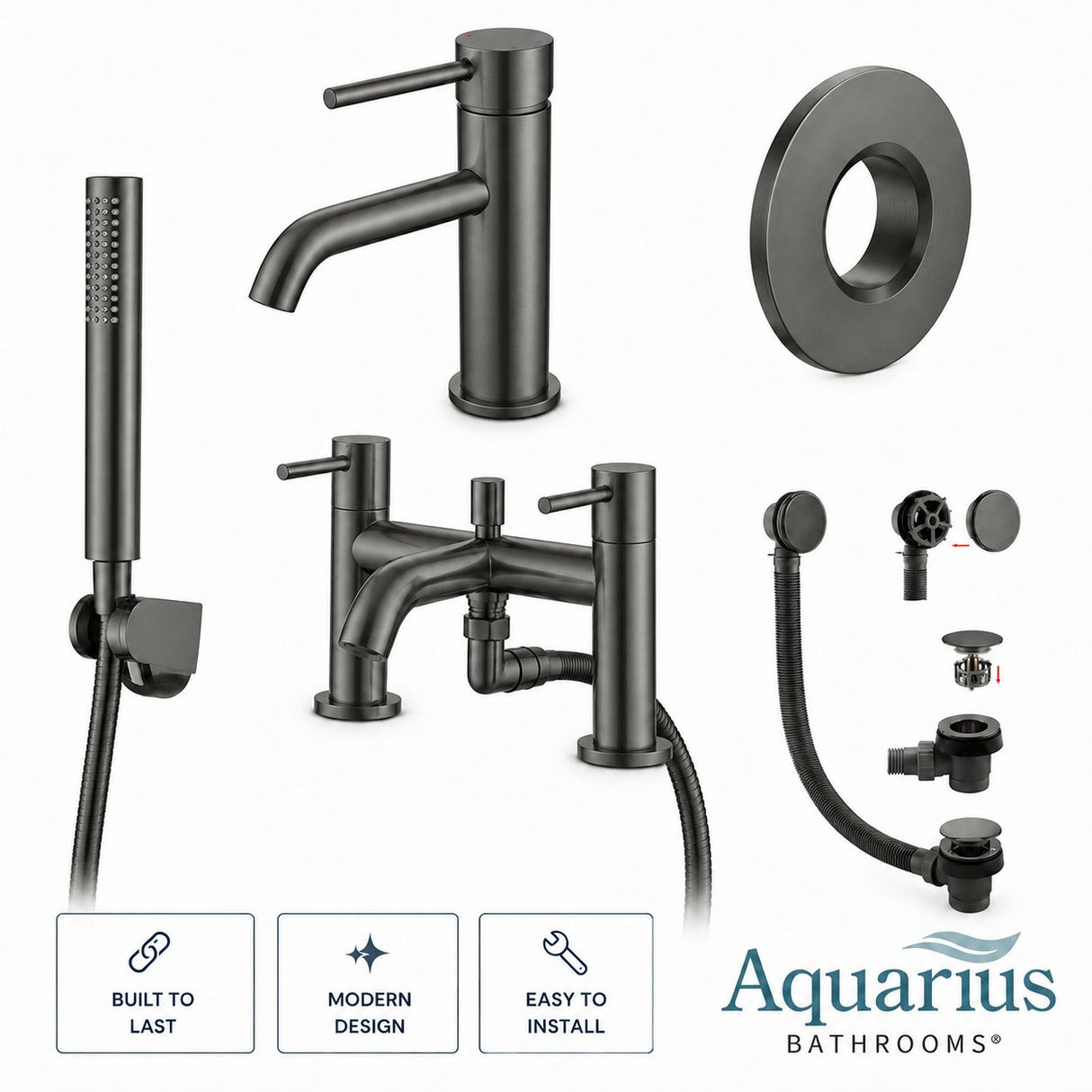 Aquarius Bathrooms Bath Shower Mixer Gun Metal Grey Aquarius RF-Series Complete Bath and Basin Brassware Pack with Basin Tap, Bath and Shower Mixer and Wastes
