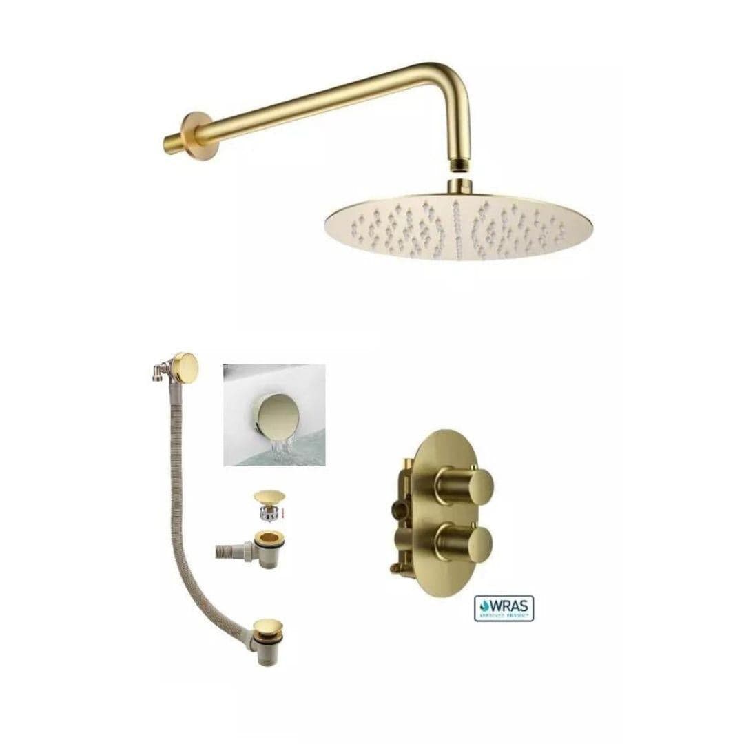 Aquarius Concealed Shower Set Brushed Brass Aquarius RainLux Round 2 Outlet Overflow Filler Shower Bundle