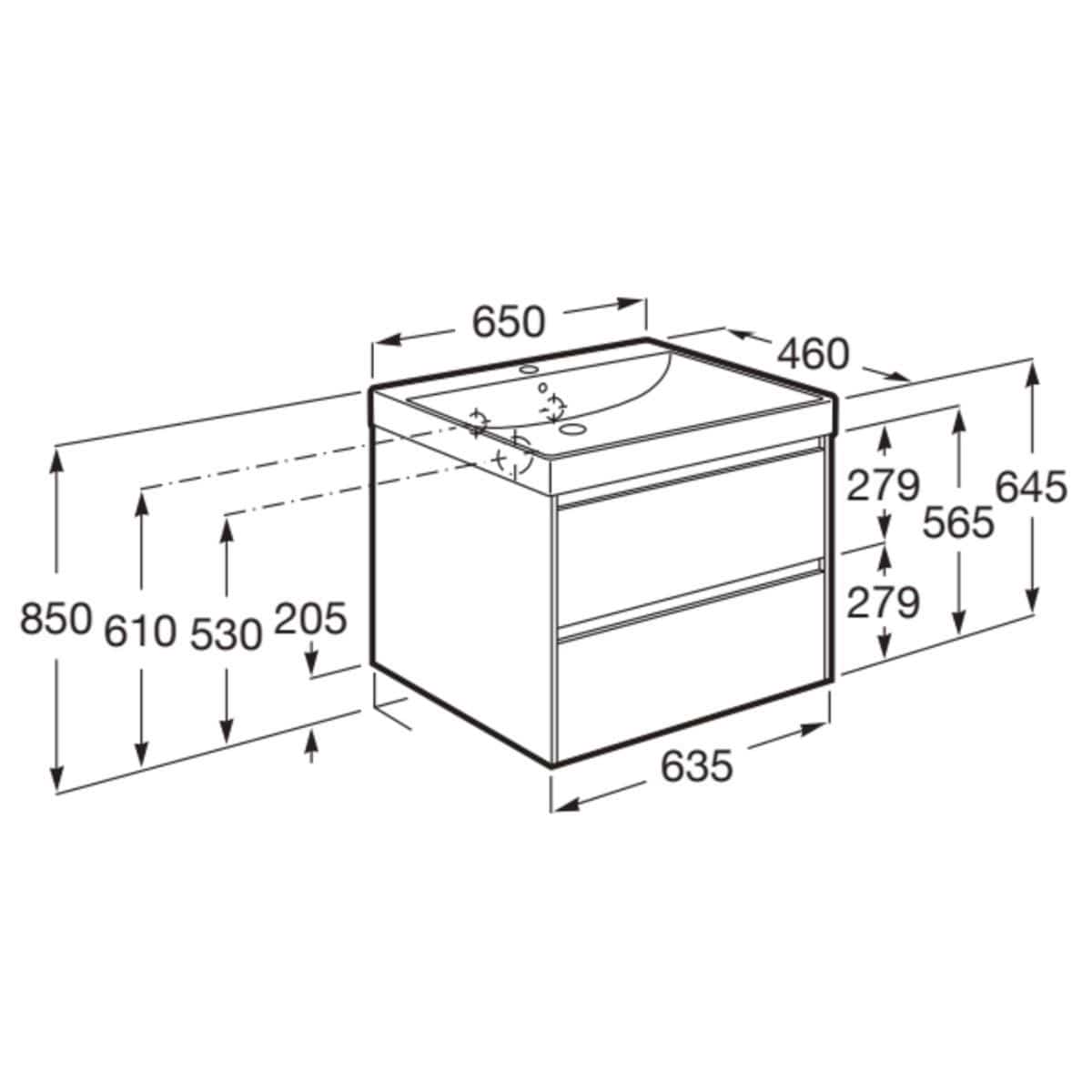 Roca Wall Mounted Vanity Unit Roca Ona 650mm Wall Mounted Two Drawer Vanity Unit with Basin