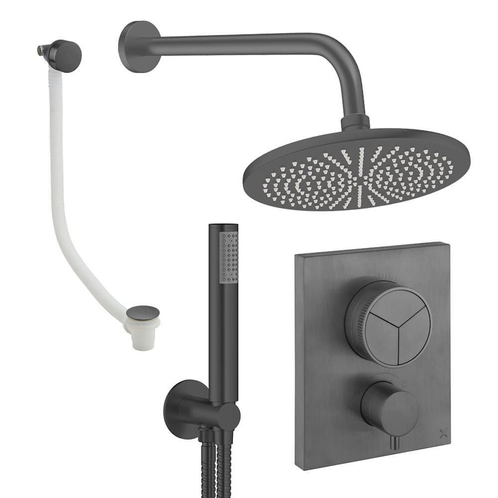 UK Bathroom Store Concealed Shower Set Slate / Wall Arm / 300mm Crosswater Crossbox Push Shower Set 7 - 3 Outlet with Fixed Overhead Shower, Pencil Handset and Overflow Bath Filler Waste