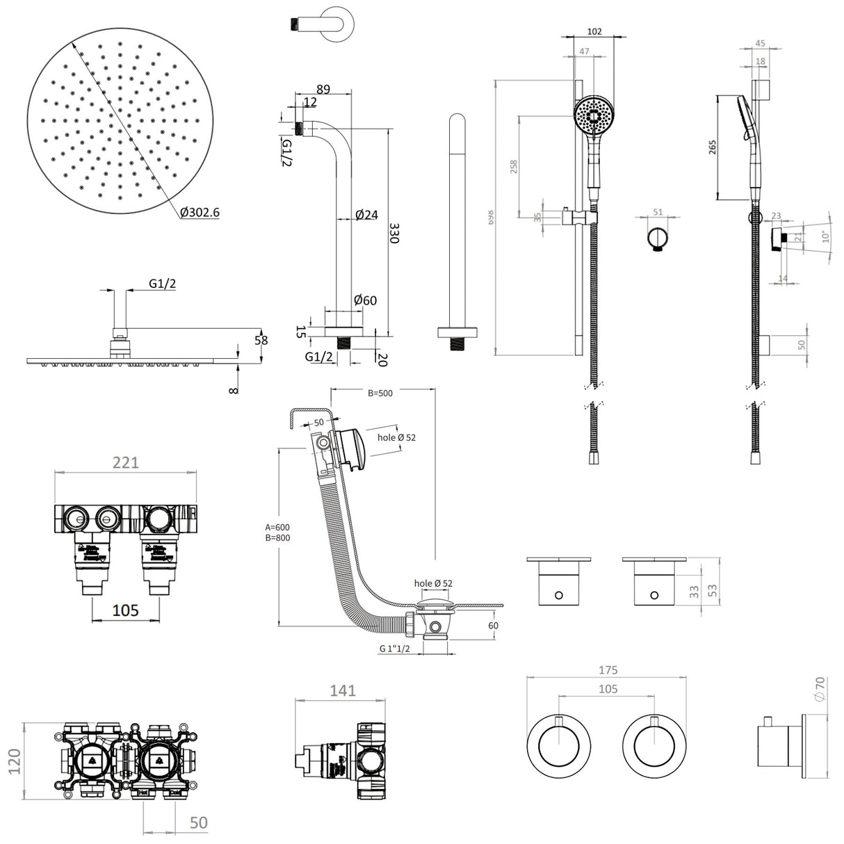 UK Bathroom Store Concealed Shower Set Crosswater Module Shower Set 7 - 3 Outlet with Riser Rail Kit, Overhead Shower and Overflow Bath Filler