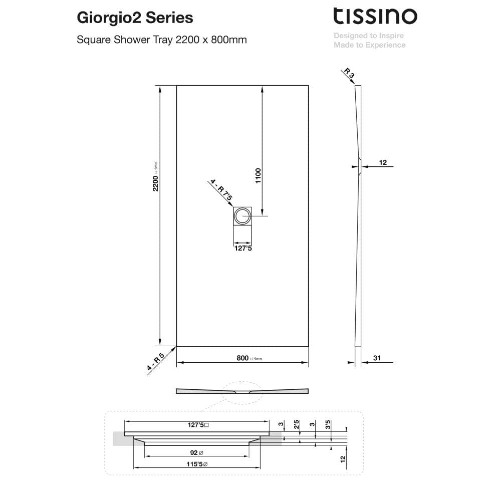 Tissino Rectangle Shower Tray 2200 x 800mm Tissino Giorgio2 Rectangle Shower Tray in Graphite Slate