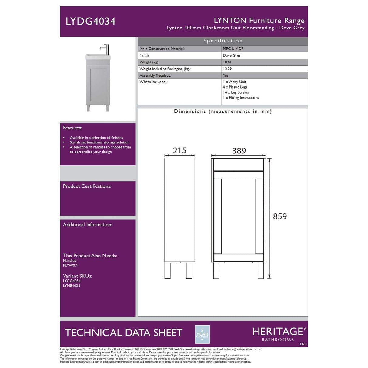 Heritage Cloakroom Vanity Unit Heritage Lynton 400mm Cloakroom Floor Standing Unit with 1 Tap Hole Basin