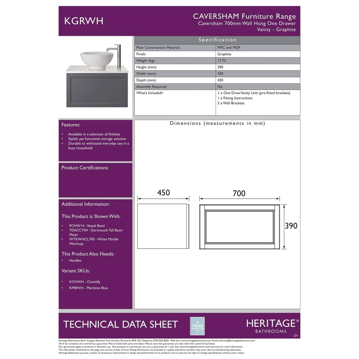 Heritage Wall Mounted Vanity Unit Heritage Caversham Wall Mounted Vanity Unit with Basin or Worktop - 700mm - One Drawer