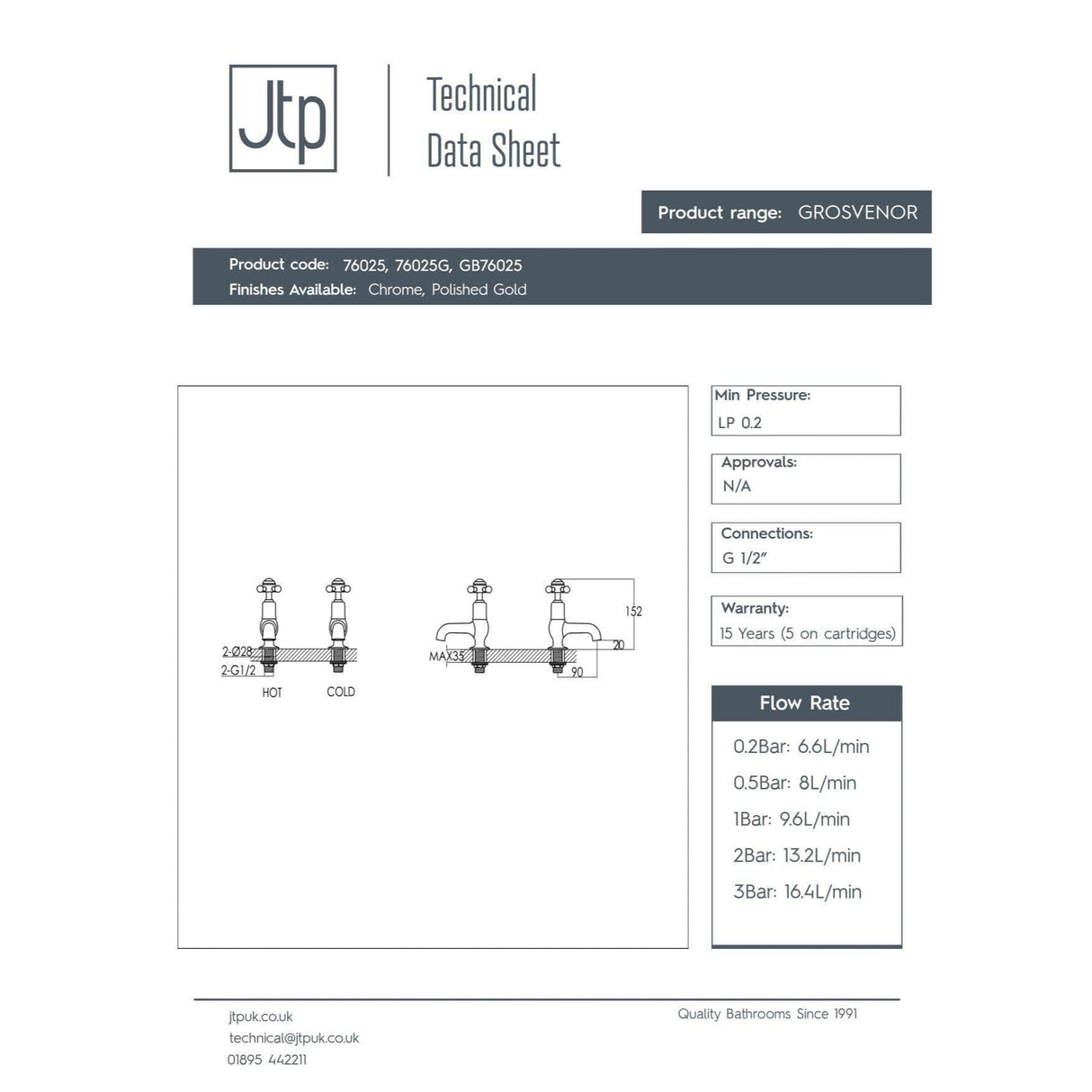 JTP Cloakroom Tap JTP Grosvenor Cross Cloakroom Basin Pillar Taps (Pair)