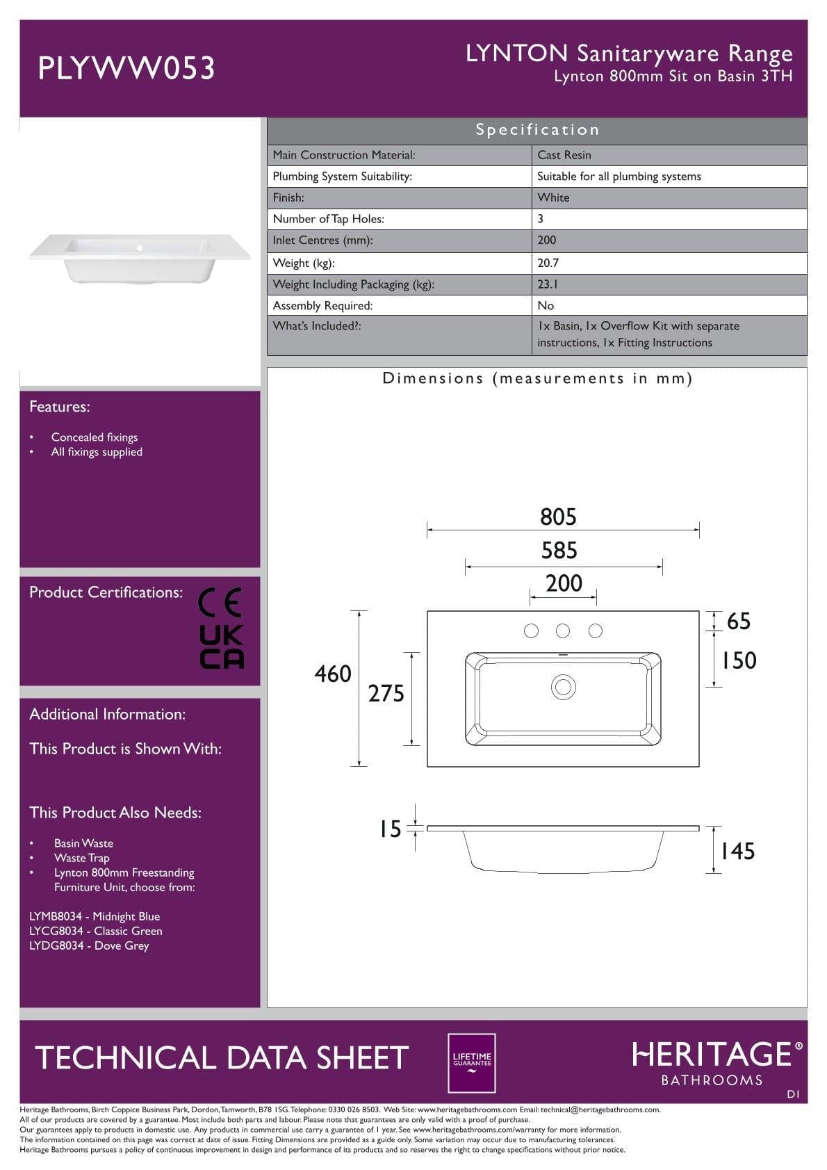 Heritage Wall Mounted Vanity Unit Heritage Lynton 800mm Wall Mounted Vanity Unit with Basin