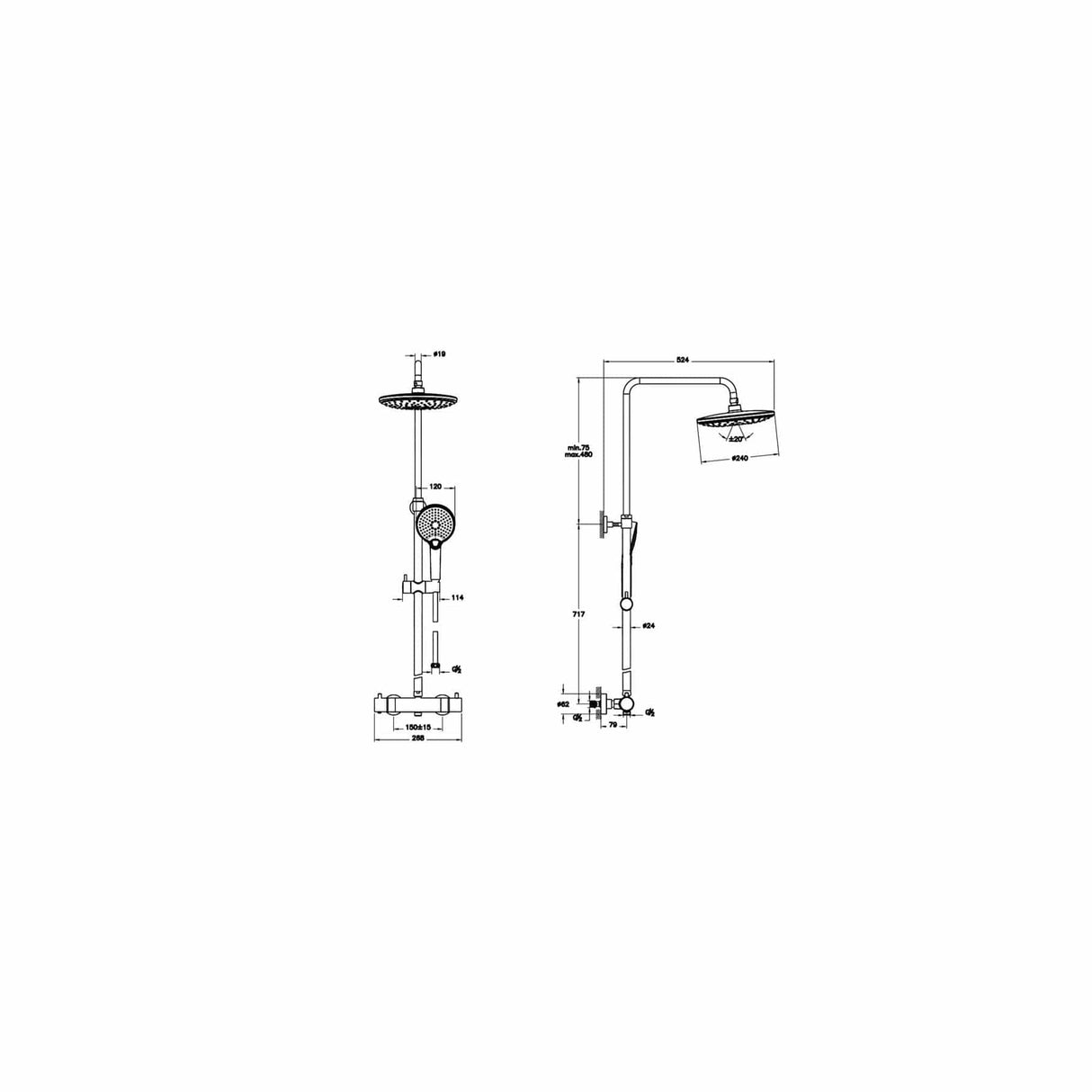VitrA Exposed Shower Set VitrA Aquaheat Bliss Exposed Thermostatic Shower Valve Set with Adjustable Riser Shower Head and Handset