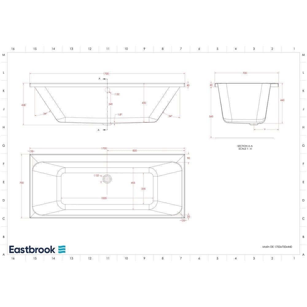 Eastbrook Double Ended Bath 1700 x 700 / Reinforced Eastbrook Malin Double Ended Bath