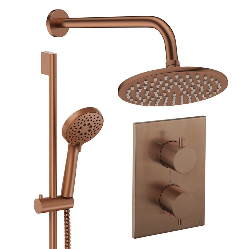 UK Bathroom Store Concealed Shower Set Brushed Bronze / Wall Arm / 200mm Crosswater Crossbox Shower Set 4 - 2 Outlet with Riser Rail Kit and Fixed Overhead Showerhead