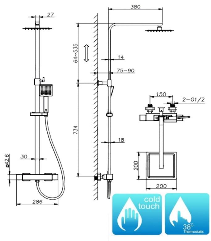 Aquarius RainLux Cool Touch Adjustable Square Exposed Shower Valve and Kit