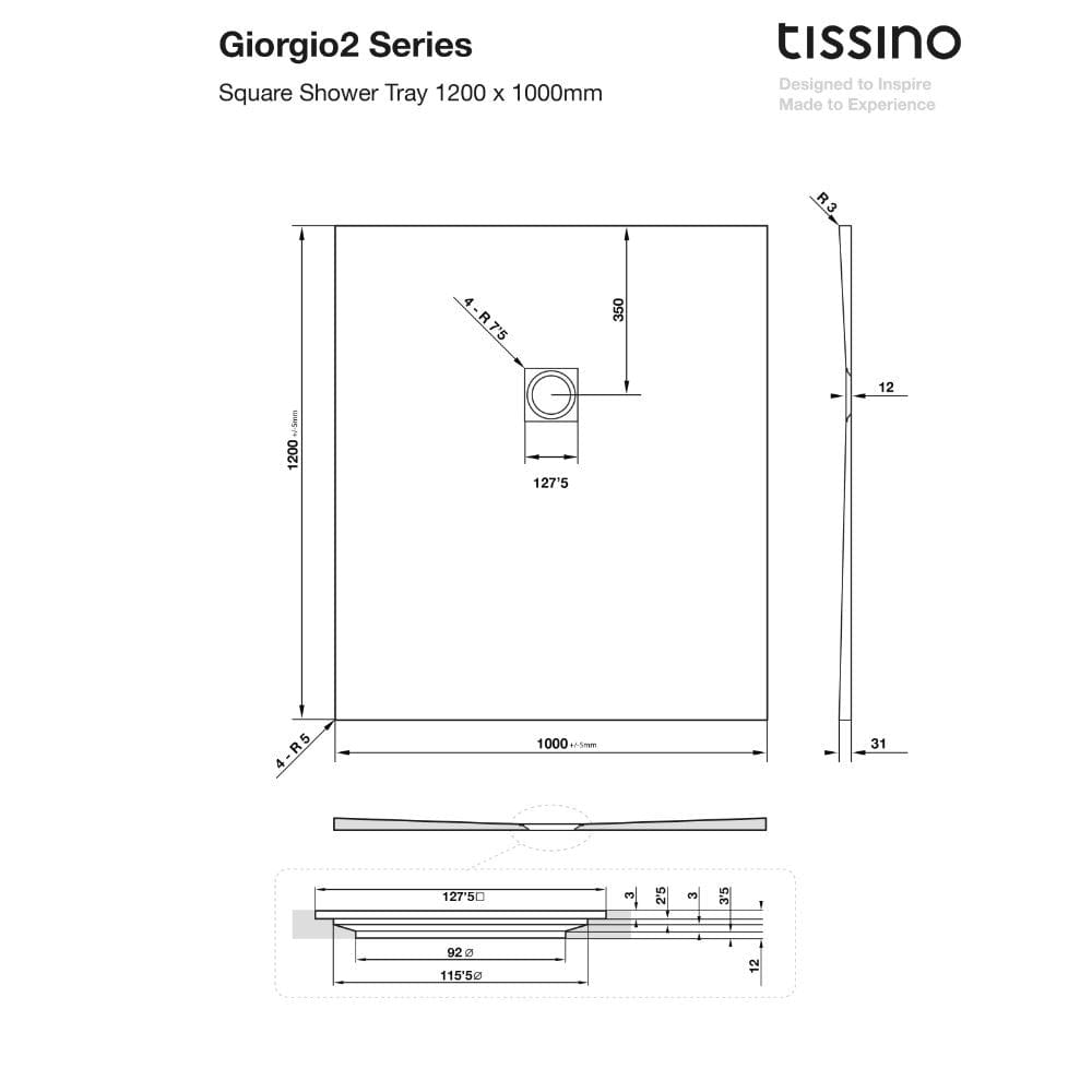 Tissino Rectangle Shower Tray 1200 x 1000mm Tissino Giorgio2 Rectangle Shower Tray in Grey Slate