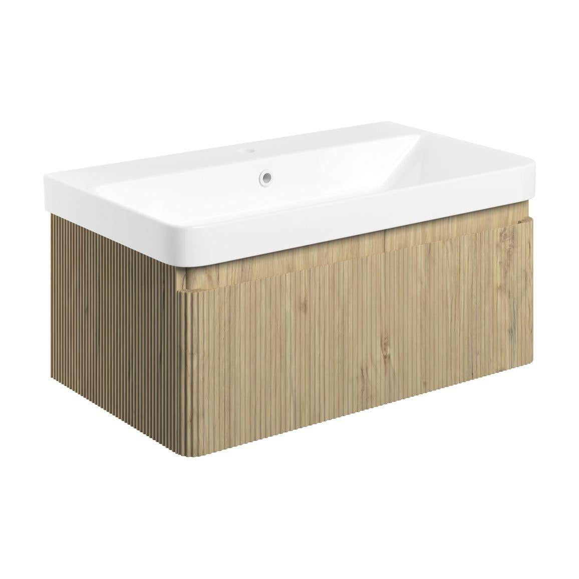 Aquarius Corinthe Fluted Wall Mounted One Drawer Vanity Unit with Basin in Textured Oak