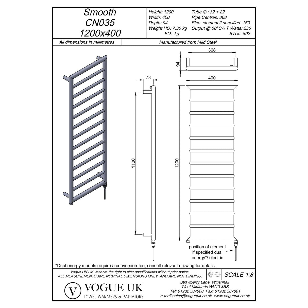 Vogue Smooth Straight Vertical Designer Towel Rail - 1200 x 400mm - Dual Fuel - Chrome