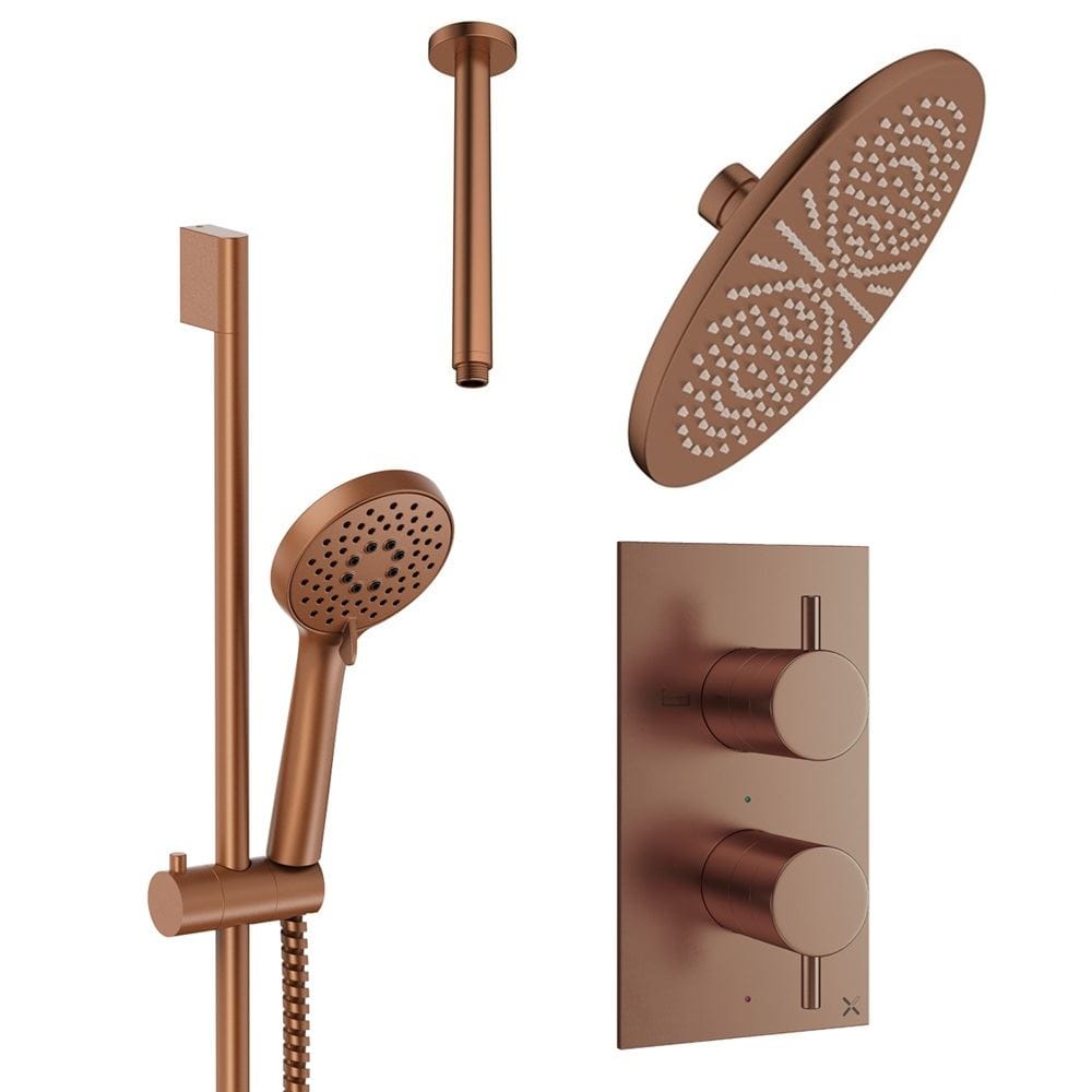 Crosswater Concealed Shower Set Brushed Bronze / Ceiling Arm / 300mm Crosswater Design 2 Handle 2 Outlet Shower Set 4 with Rainfall Head and Slide Rail Kit