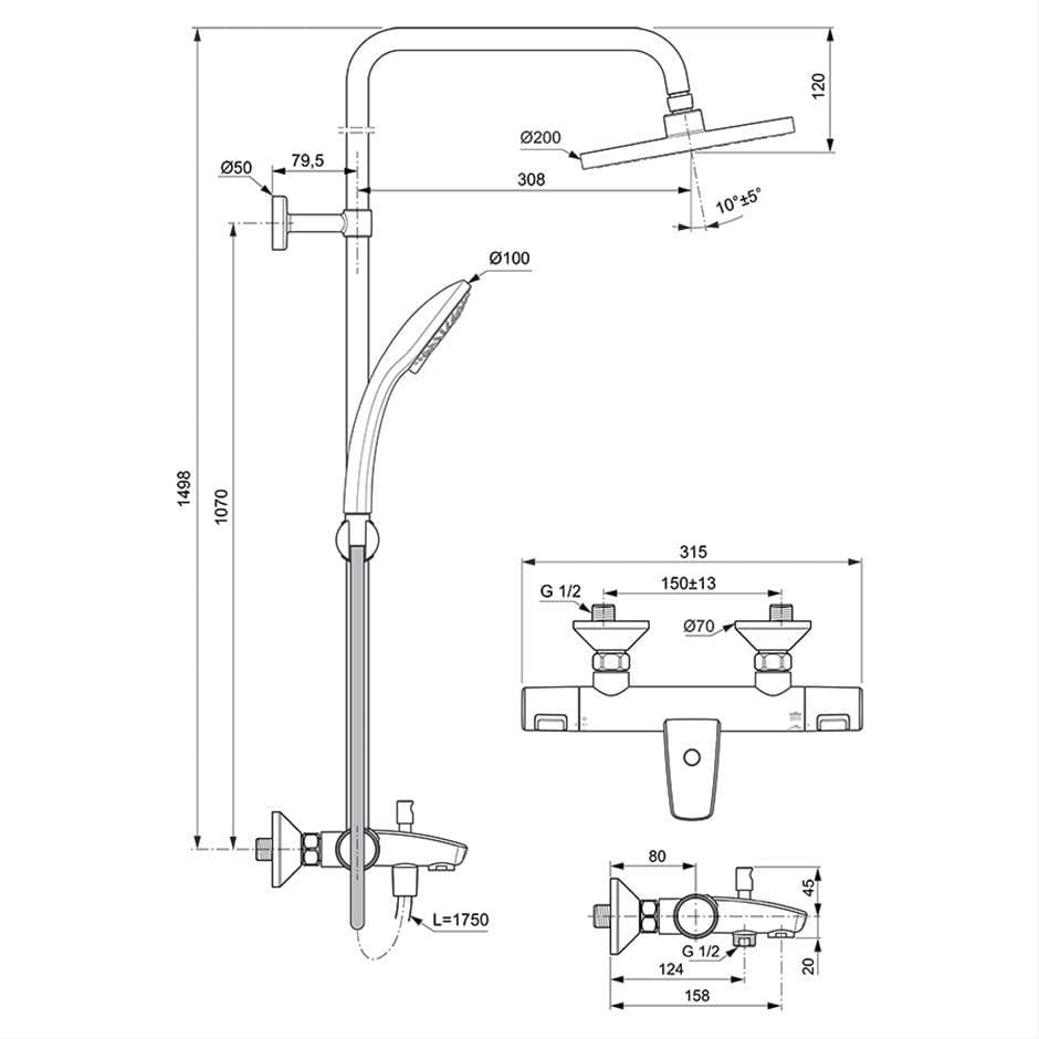 Ideal Standard Exposed Shower Set Ideal Standard Ceratherm T25 Exposed Thermostatic Bath Shower System with Idealrain Showerhead, 3 Function Handset and Idealflex Hose in Chrome