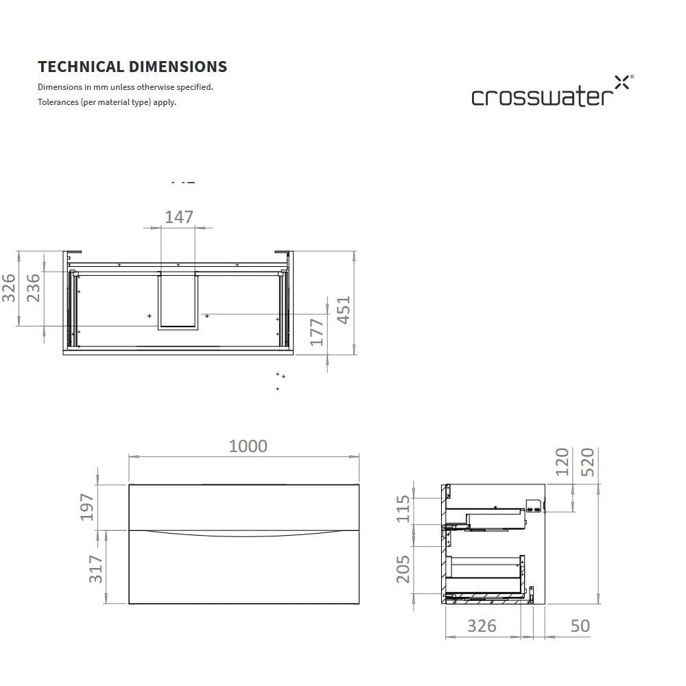 Crosswater Wall Mounted Vanity Unit Crosswater Glide II Wall Mounted Two Drawer Vanity Unit with Worktop