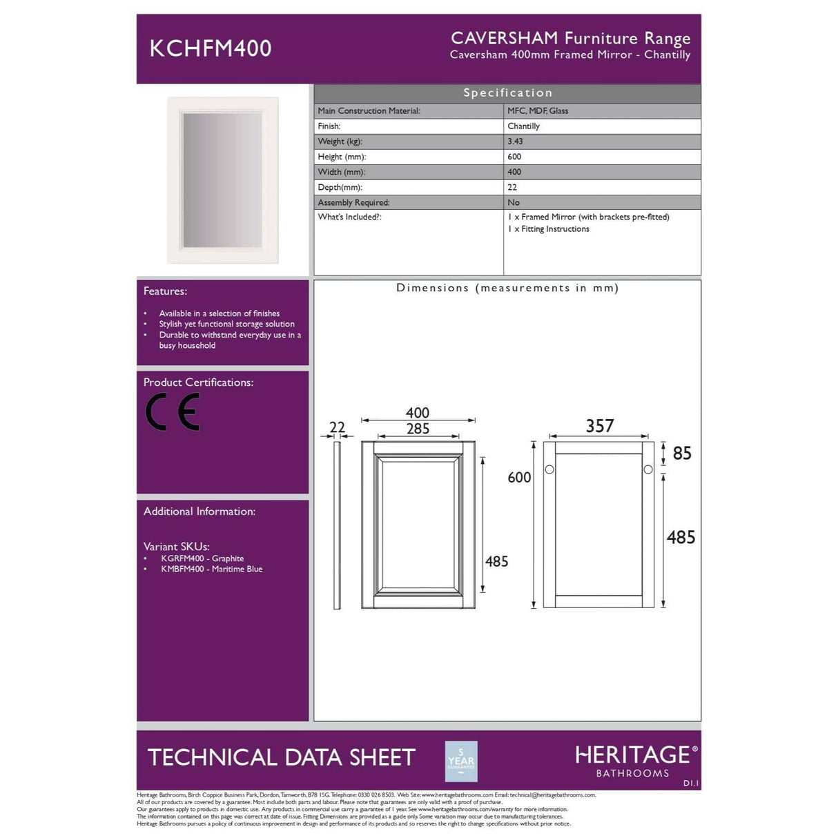 Heritage Standard Mirror Heritage Caversham 400mm Framed Mirror