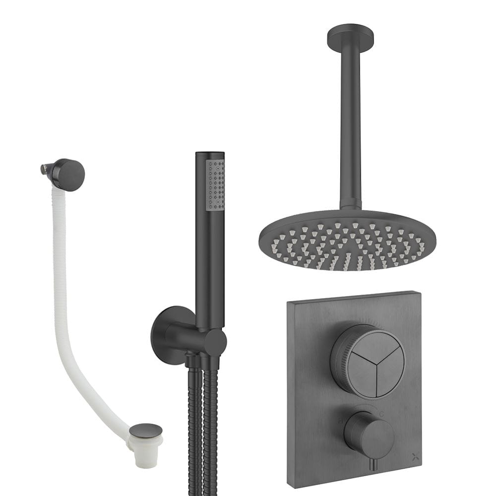 UK Bathroom Store Concealed Shower Set Slate / Ceiling Arm / 200mm Crosswater Crossbox Push Shower Set 7 - 3 Outlet with Fixed Overhead Shower, Pencil Handset and Overflow Bath Filler Waste