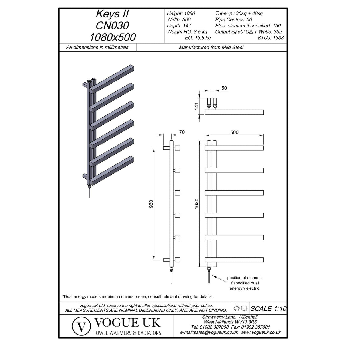 Vogue Designer Towel Radiator 1080 x 500 / Dual Fuel Vogue Keys II Straight Designer Towel Radiator in Chrome