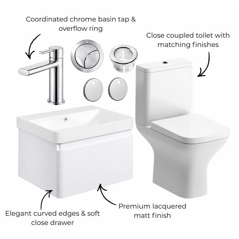 Aquarius Bathrooms Suites Aquarius Sophie 605mm Wall Hung Vanity Unit, Close Coupled Toilet, Tap and Fittings Bundle