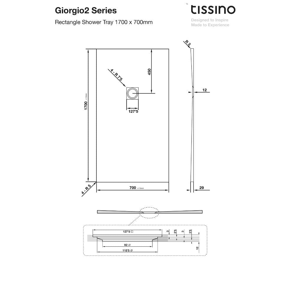 Tissino Rectangle Shower Tray 1600 x 700mm Tissino Giorgio2 Rectangle Shower Tray in Black Slate