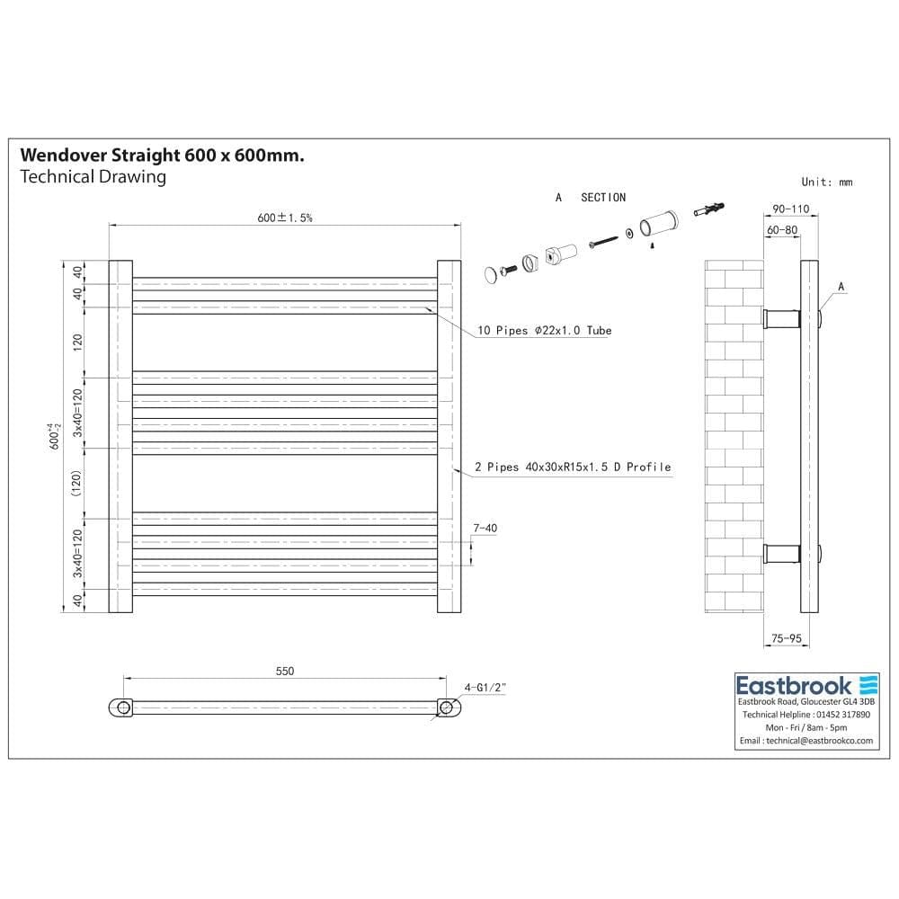 Eastbrook Ladder Rail Eastbrook Wendover Straight Vertical Heated Towel Rail in White