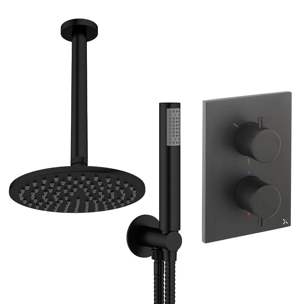 UK Bathroom Store Concealed Shower Set Matt Black / Ceiling Arm / 200mm Crosswater Crossbox Shower Set 3 - 2 Outlet with Pencil Handset and Fixed Overhead Shower
