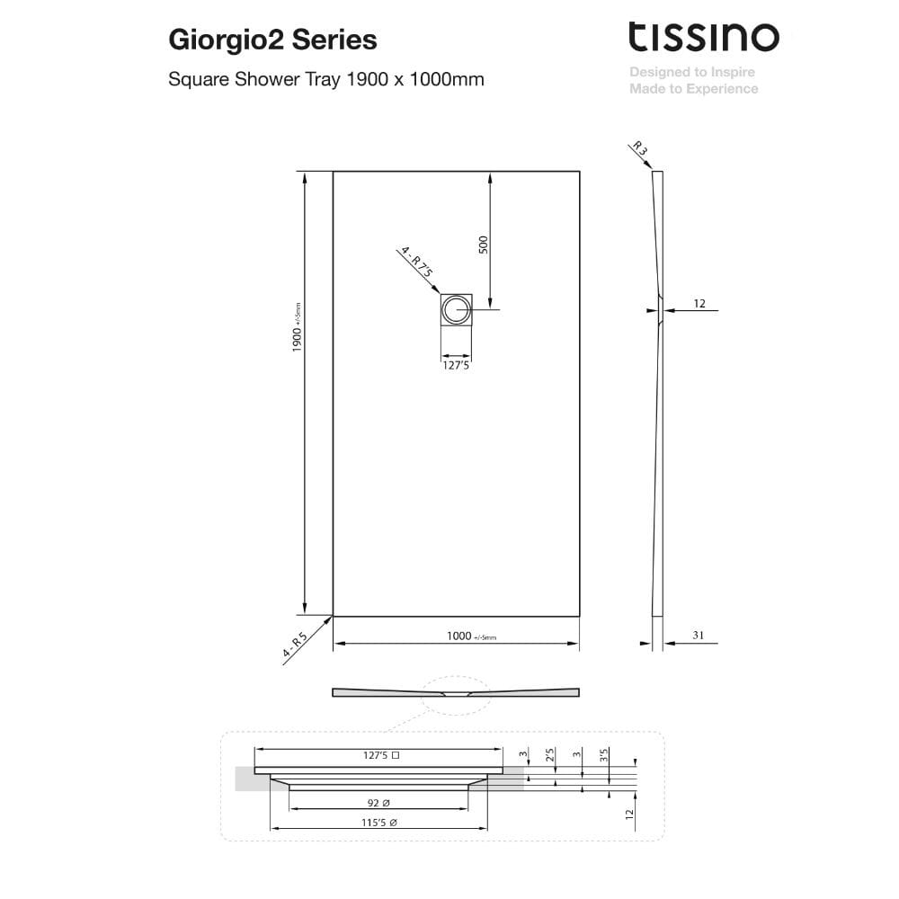 Tissino Rectangle Shower Tray Tissino Giorgio2 Rectangle Shower Tray in White Slate