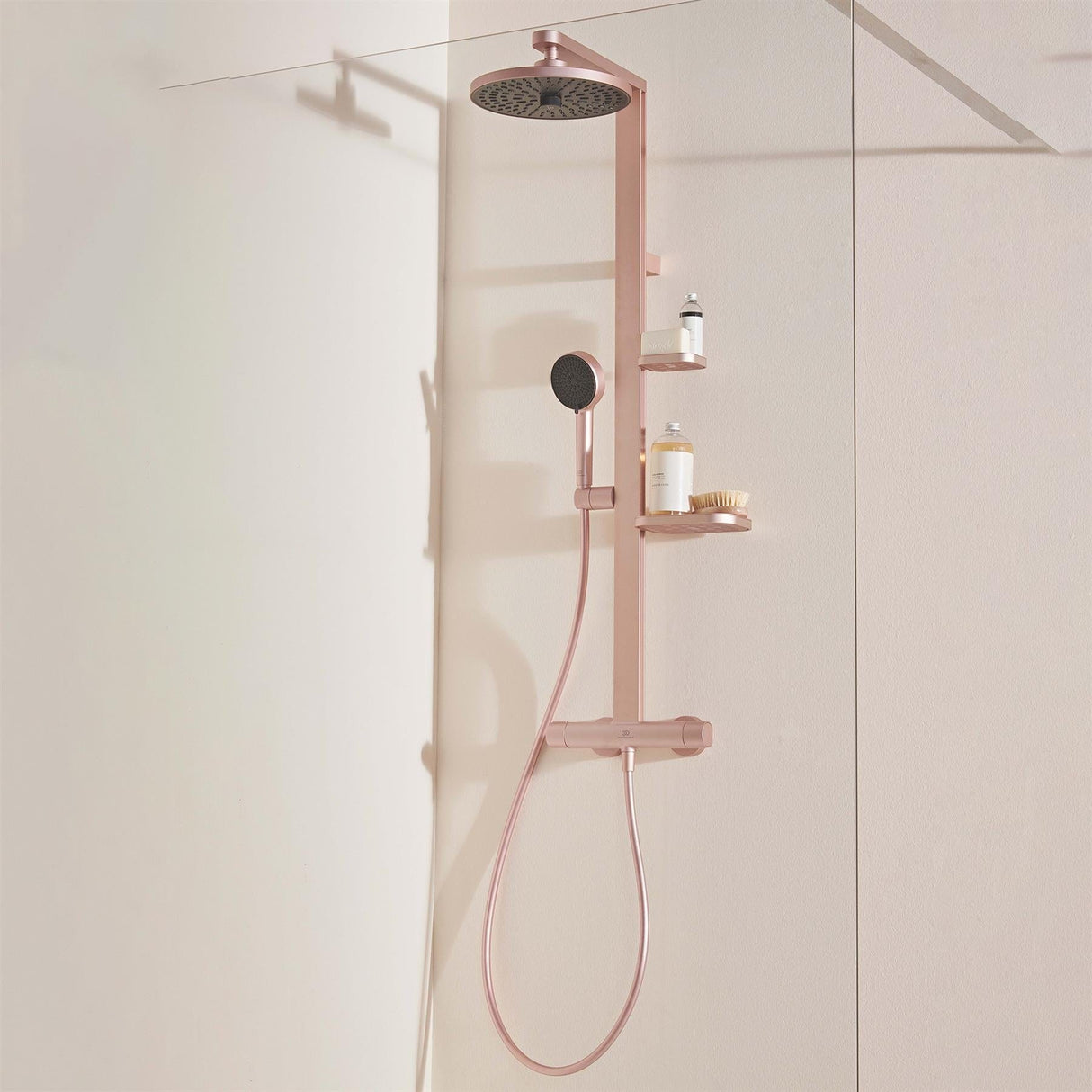 Ideal Standard Exposed Shower Set Rosé Ideal Standard Ceratherm ALU+ Exposed Shower Valve Set with Fixed Riser, Showerhead, Handset and Shelves