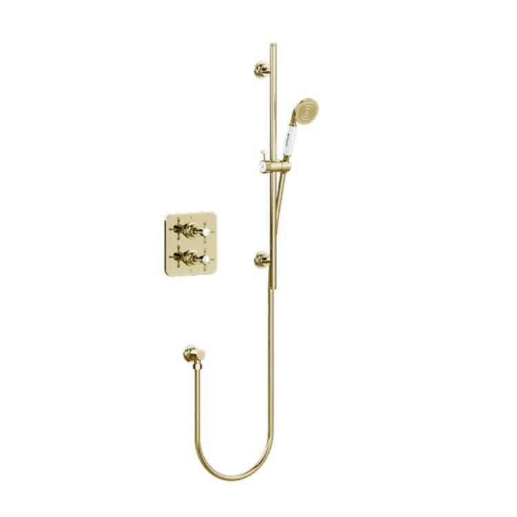 Burlington Concealed Shower Set Gold Burlington Guild Square 1 Outlet, 2 Handle Concealed Thermostatic Shower Valve with Rail, Hose, Handset & Outlet Elbow