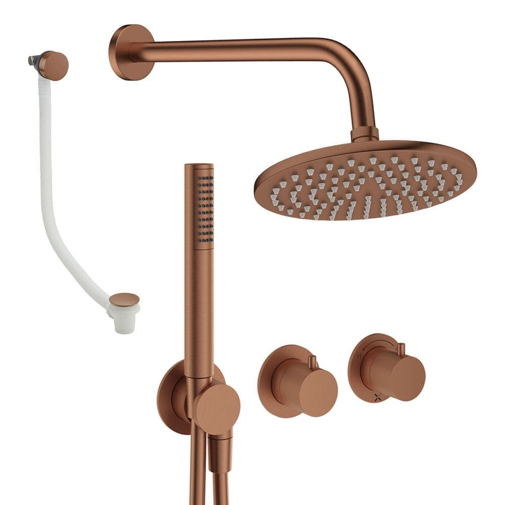 UK Bathroom Store Concealed Shower Set Brushed Bronze / Wall Arm / 200mm Crosswater Module Shower Set 9 - 3 Outlet with Pencil Handset, Overhead Shower and Overflow Filler